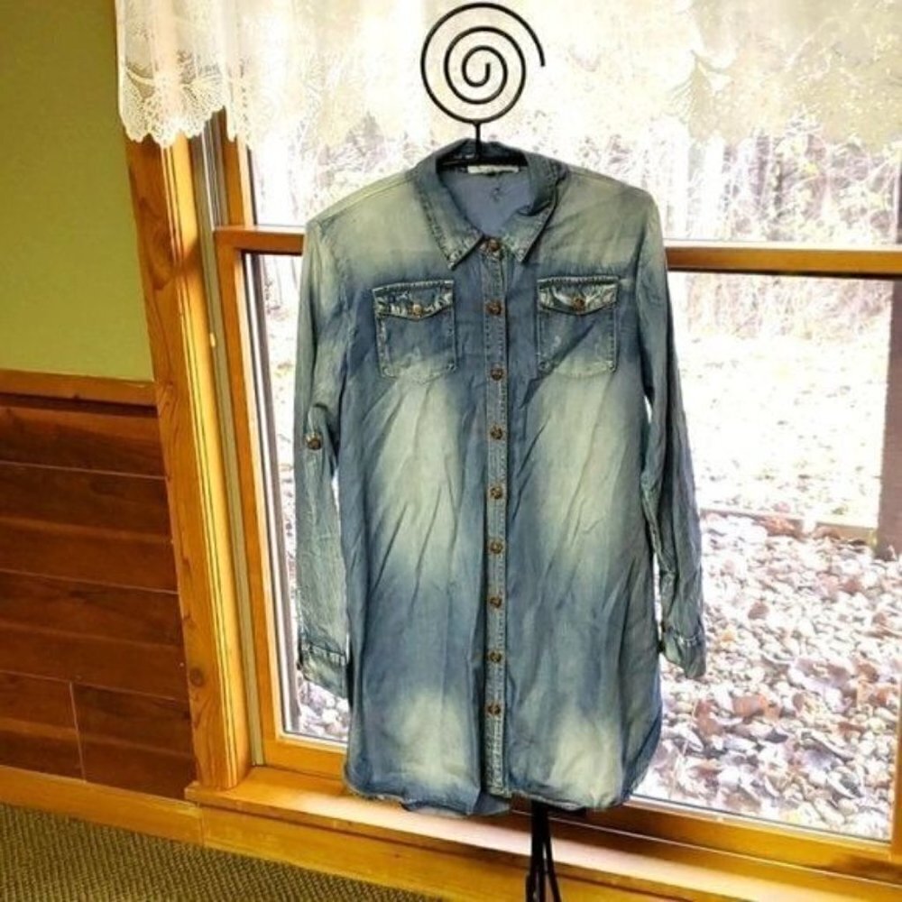 Vanilla Bay Full Button Down Soft Blue Jean/Silk Dress, Tunic or Long Sz S Shirt